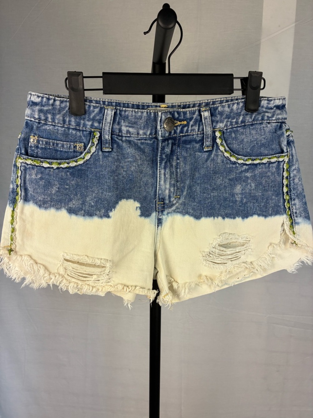 Free People Low Tide Dip Dye Bleach Embroidered Jean Shorts 26